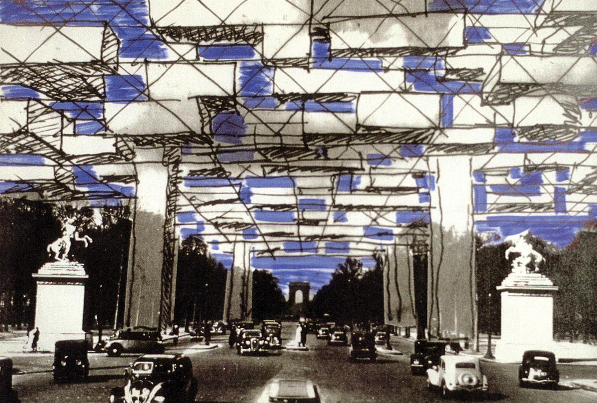 Collage from 1959 of Paris with floating blocks above it by Yona Friedman, entitled Paris Spatiale.