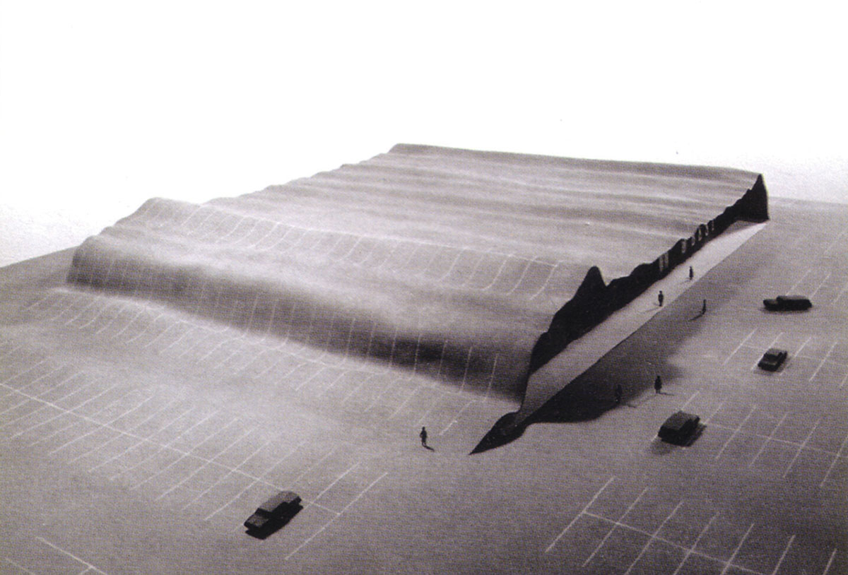 A photograph of a model from 1976 by James Wines of a wavy, raised parking lot, entitled Best Parking Lot.