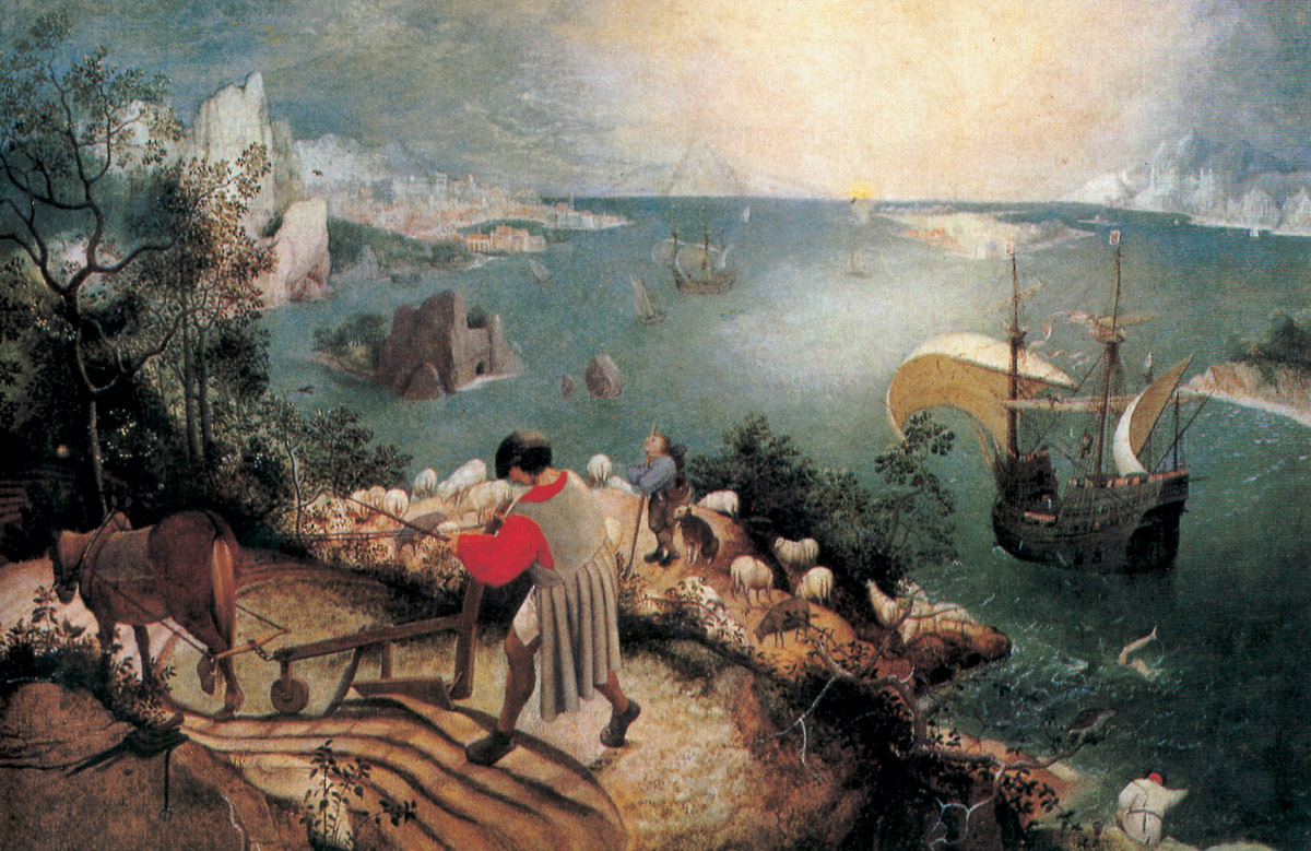 Painting by Pieter Bruegel from circa 1558 of a peasant pulling his cart while Icarus falls into the water, entitled Landscape with the Fall of Icarus.