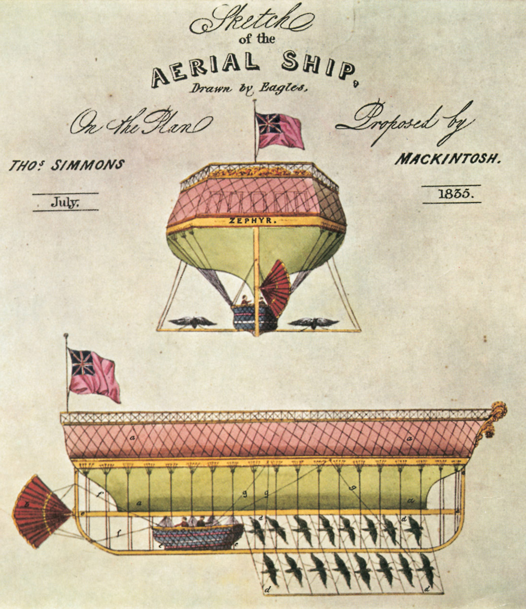 Sketch by Thomas Mackintosh of an “aerial ship drawn by eagles,” 1835.