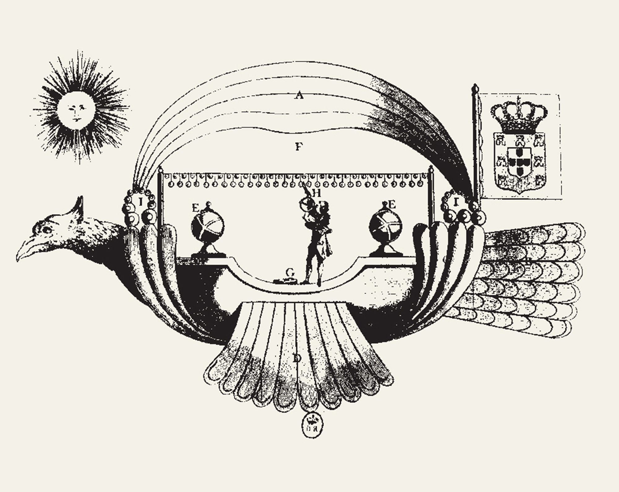 Illustration of Bartolomeo Lourenço de Gusmão’s Passarola, which was shaped like a giant bird, and held scientific instruments in the cockpit, 1709.