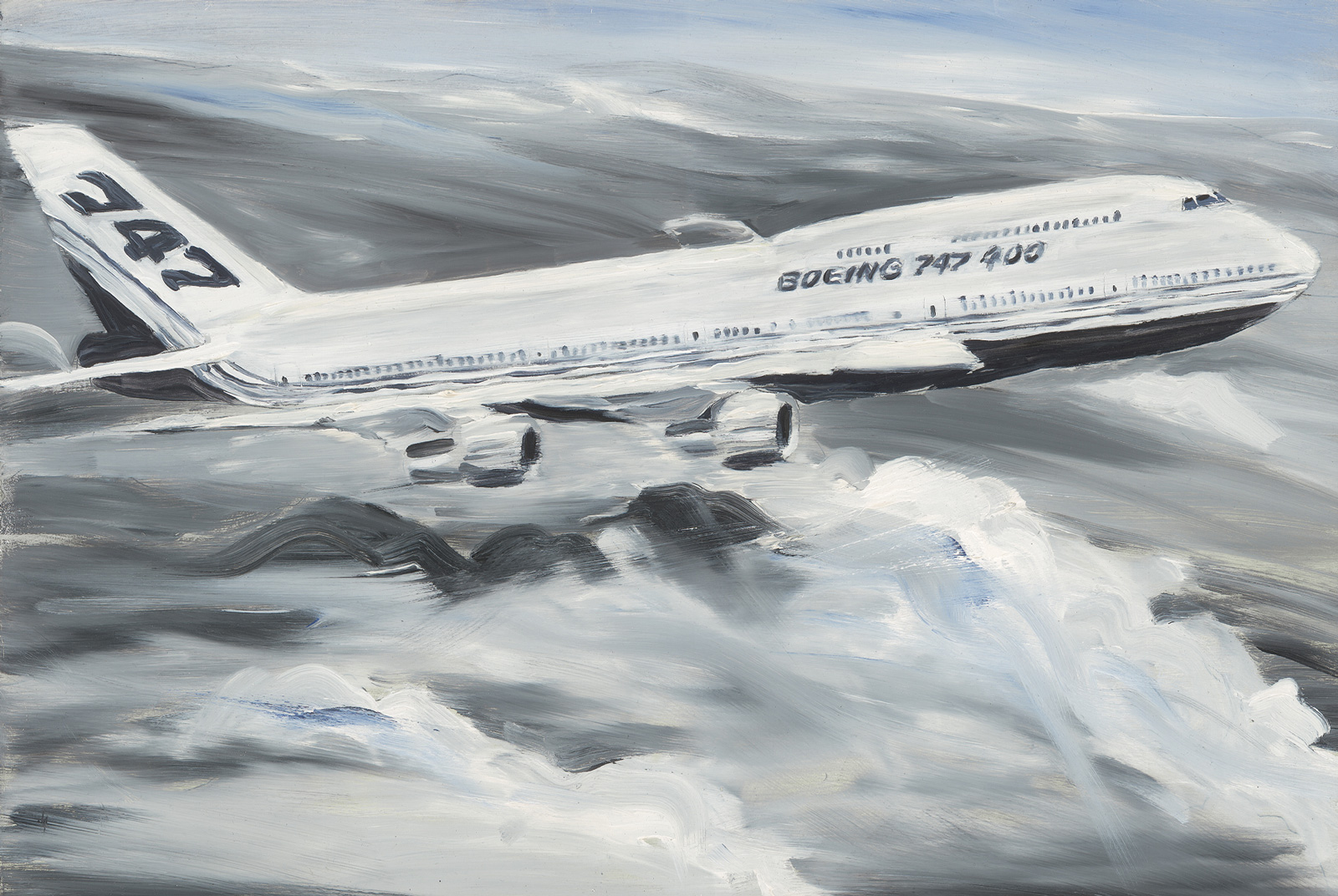 Postcard painting by Andrea Legge of an airplane in the clouds, entitled Boeing 747-400.