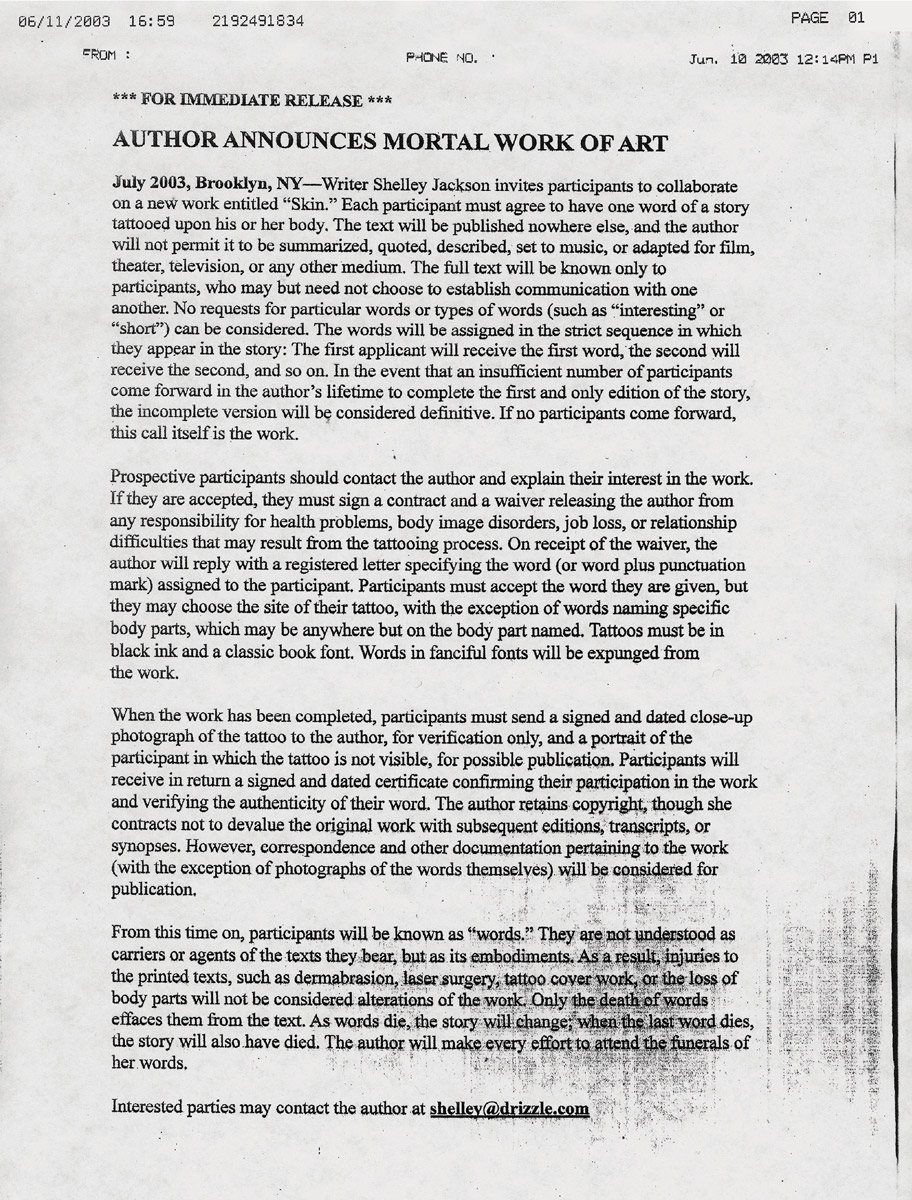 A typed and printed document describing how writer Shelley Jackson invites participants to collaborate on a new piece of artwork, entitled “Skin,” in which a word of a story will be tattooed on their body.