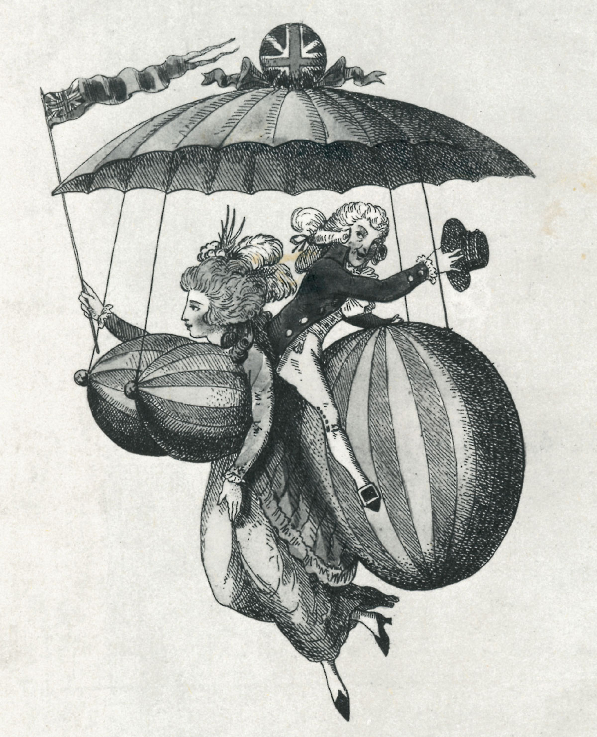Cartoon from the 1780s depicting a woman's breasts and buttocks as enlarged hot air balloons, on which a man is traveling.