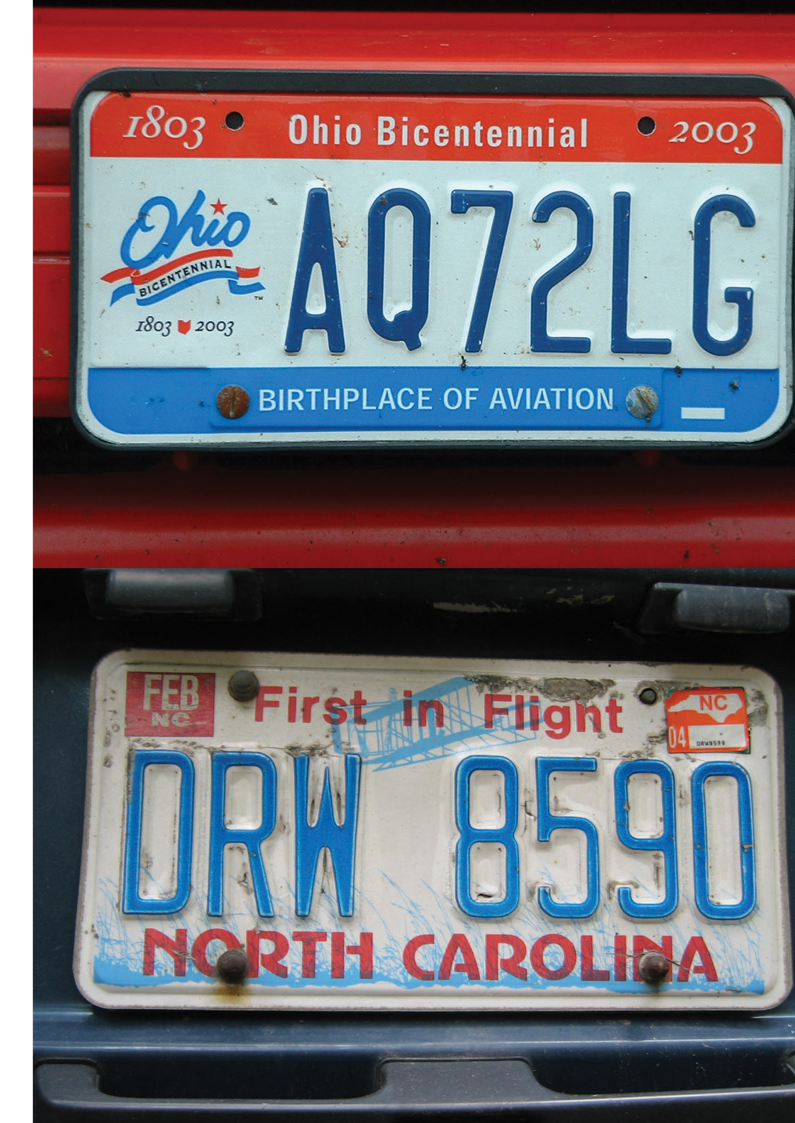 Front of a postcard featuring two color photographs, one of a North Carolina license plate and one of an Ohio license plate, both claiming to be first in flight.