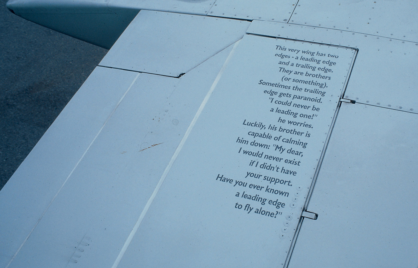 A photograph of text on the wing of an airplane narrating a brotherly rivalry between the two edges of the plane.