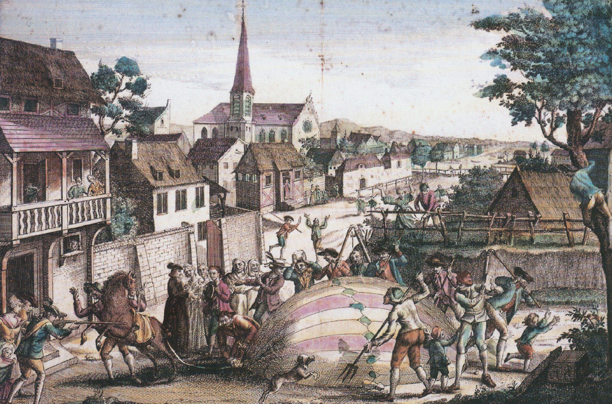 The villagers of Gonesse, France, attacking the Charlière on 27 August 1783, believing it to be a monster.