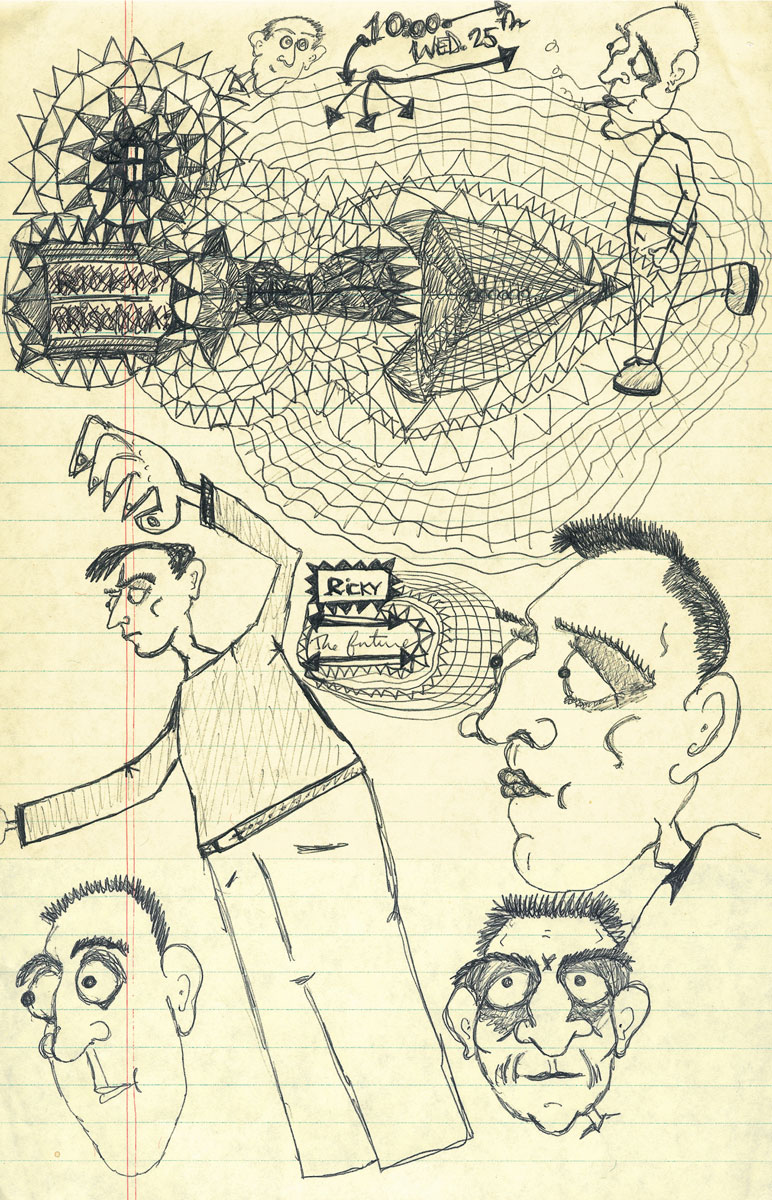 Doodles of tormented men, drawn by the author.