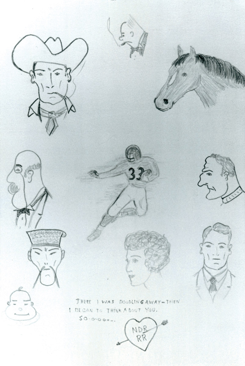 Detailed drawings by Reagan of heads, horses, and football players.