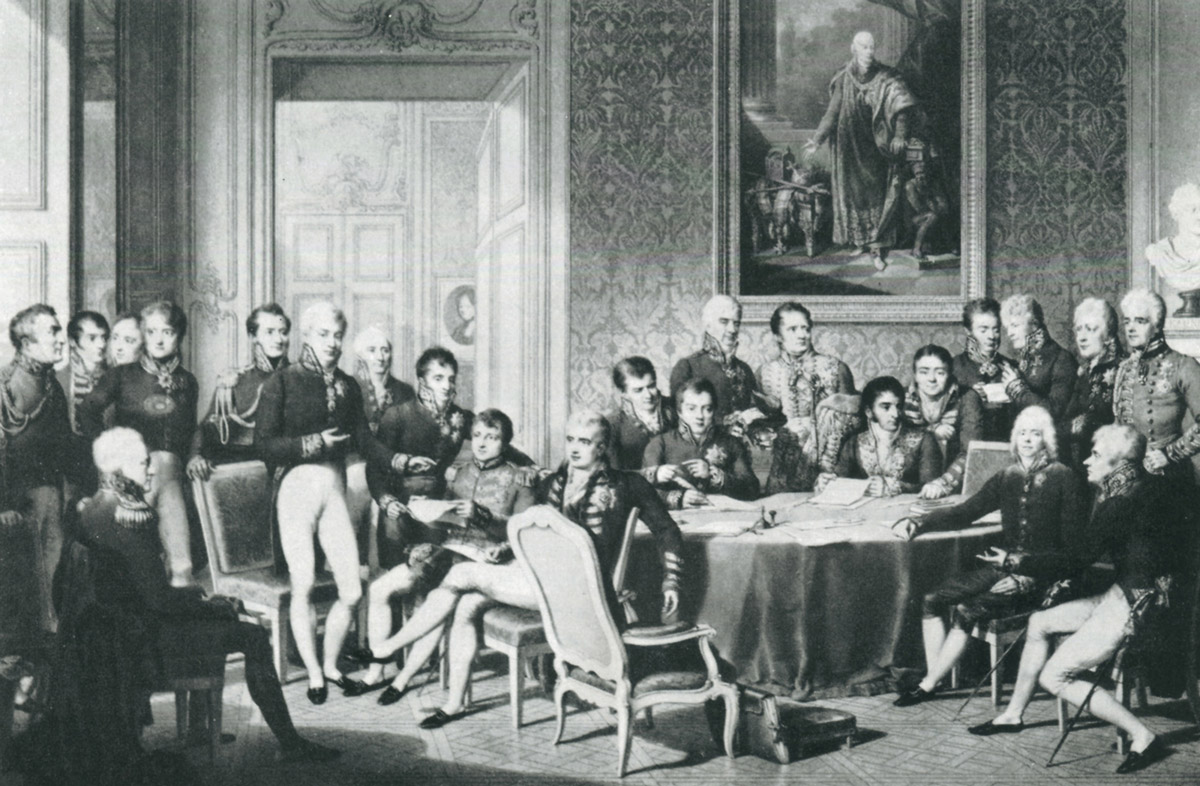 An 1815 illustration by Jean-Baptiste Isabey, entitled Congress of Vienna, in which defeated France’s representative Talleyrand is seated with his arm on the table.