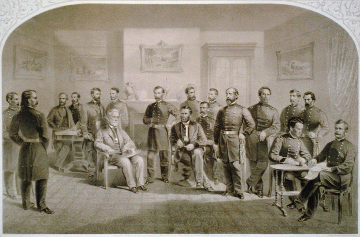Surrender at Appomatox, 1865. Defeated Confederate General Lee sits at far left in civilian clothes while General Grant stands in military dress.