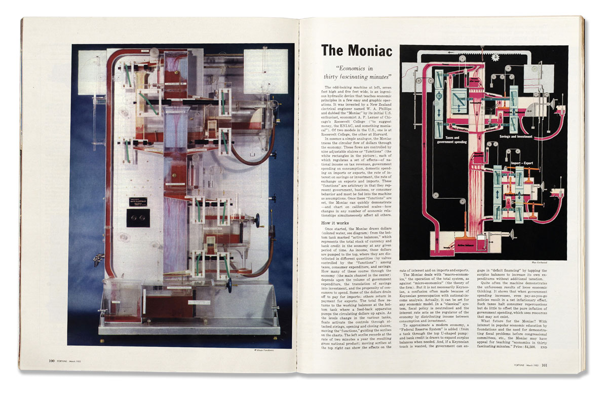 A photograph of the March 1952 Fortune magazine profile of the Moniac, a water-powered computer.