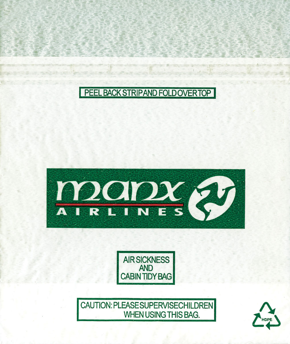 A photograph of a Manx Airlines airsickness bag with a triskelion symbol next to Airline name.