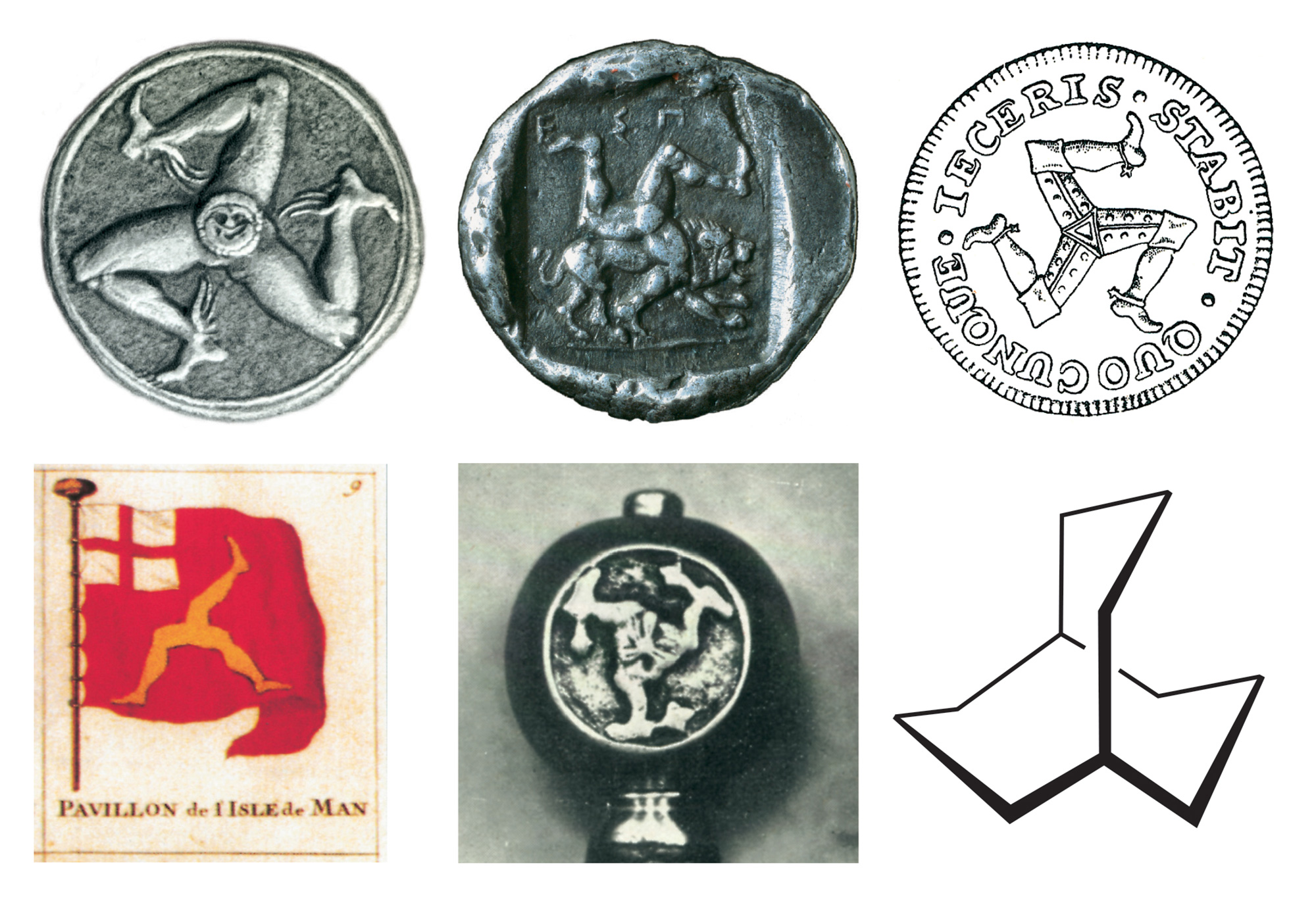 Various coins, flags, and molecules depicting triskelions.