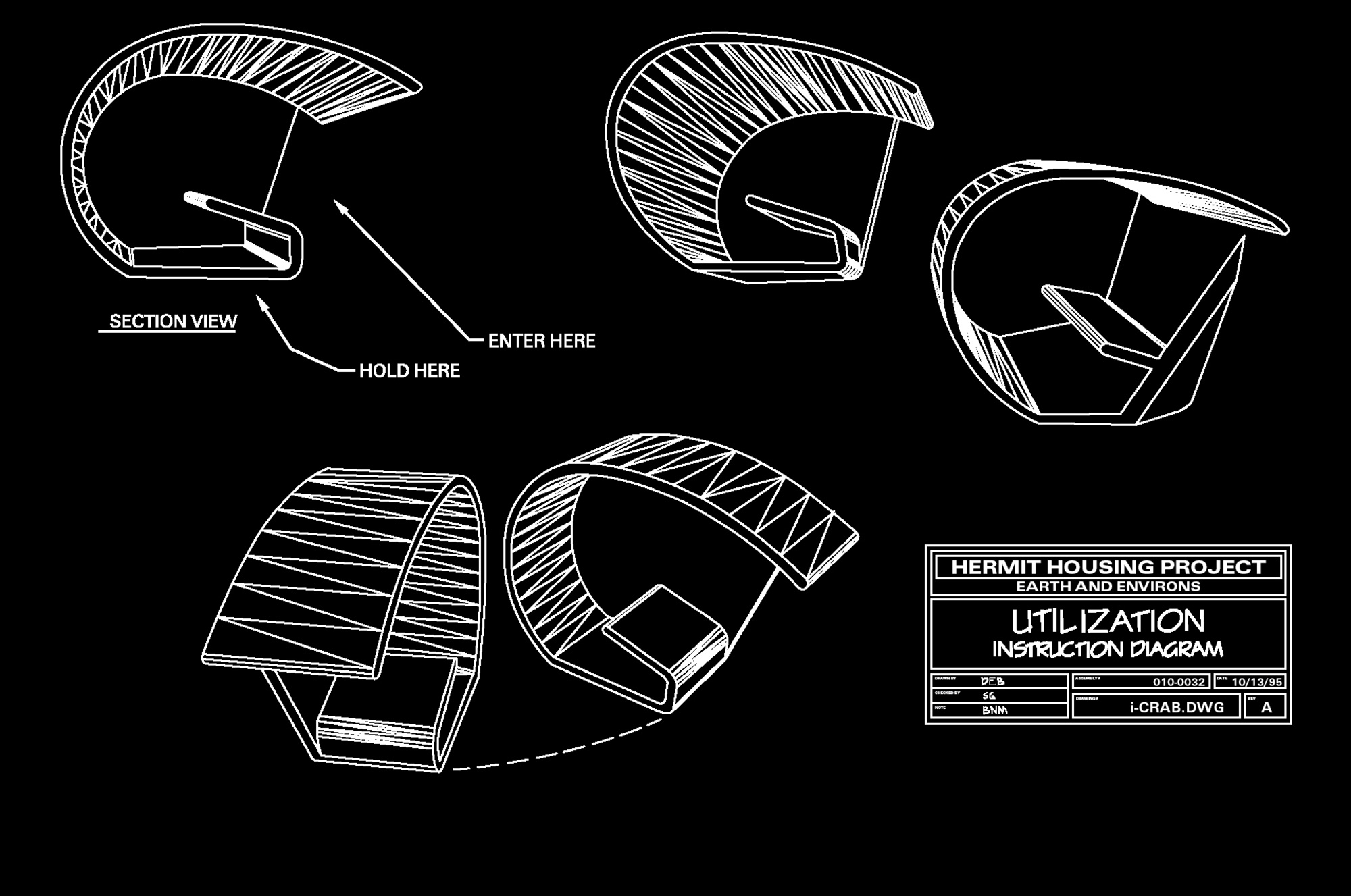 Drawings of synthetic hermit crab shell designs.