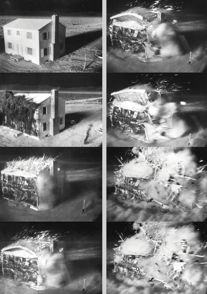 Footage stills of house number 1 atomic blast, Yucca Flats, Nevada Test Site, 17 March 1953.