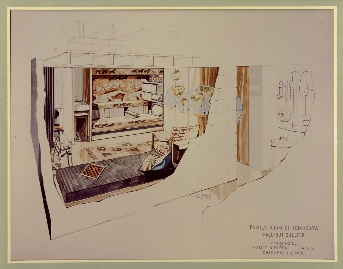 Designed by the American Institute of Decorators at the request of the federal government, “The Family Room of Tomorrow” was featured at a Chicago furniture show in January 1960 and in Life magazine that year. The shelter came with a television set, even though the question of who would be transmitting television programs after a nuclear war was never addressed.