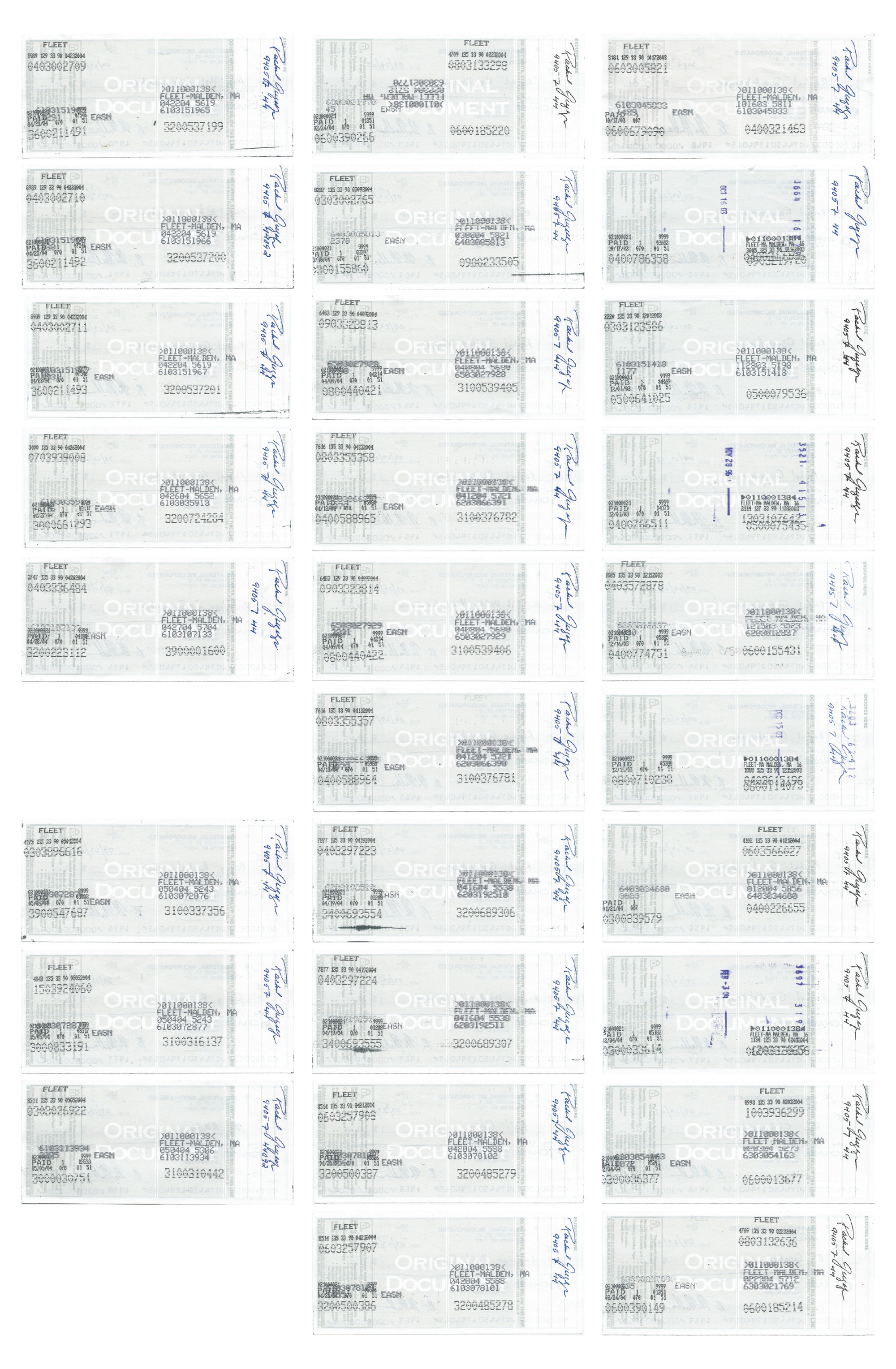 A photograph of the backsides of Rachel Gugelberger's many checks.