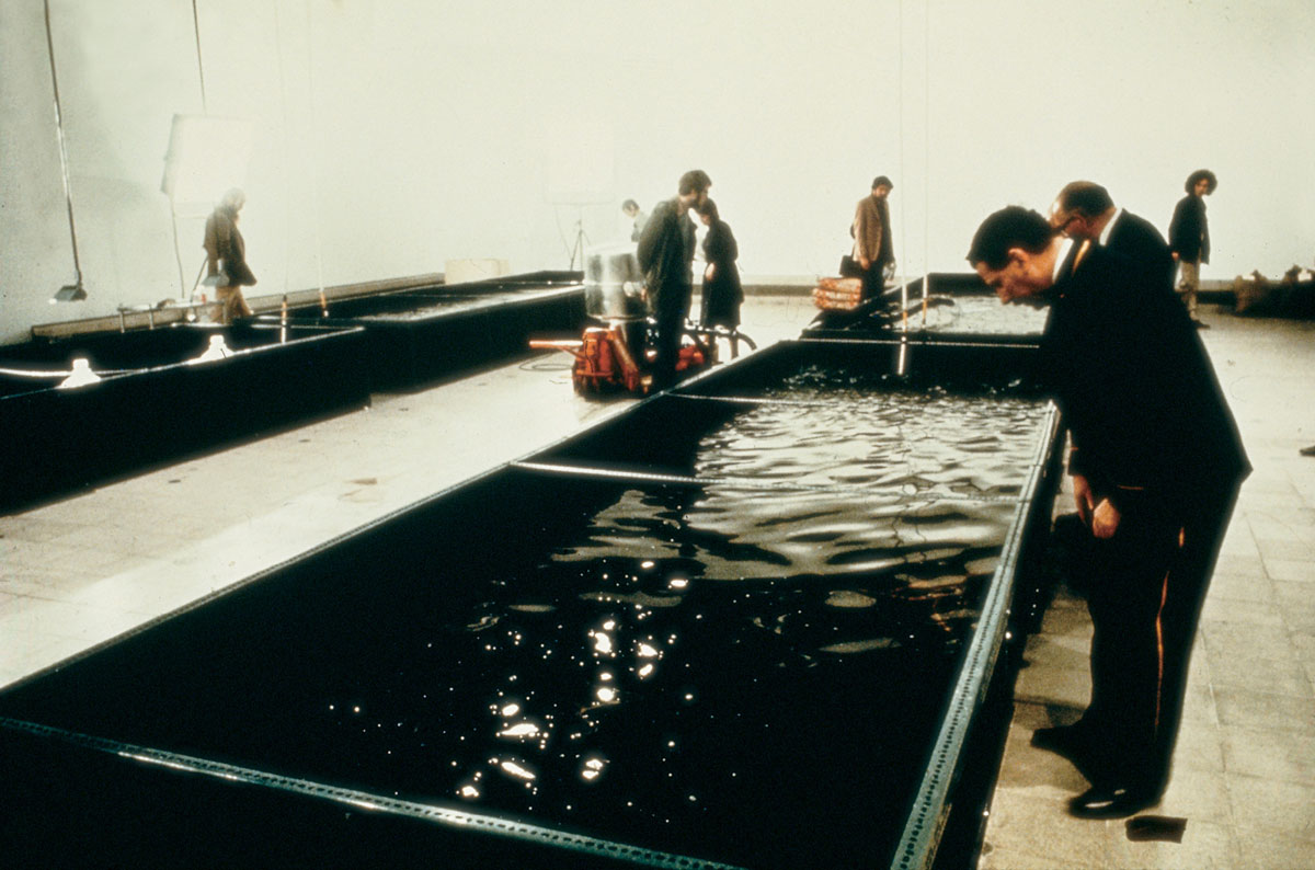 A photograph of people peering at the shrimp tanks in Helen Mayer Harrison and Newton Harrison's 1971 piece entitled Brine Shrimp.