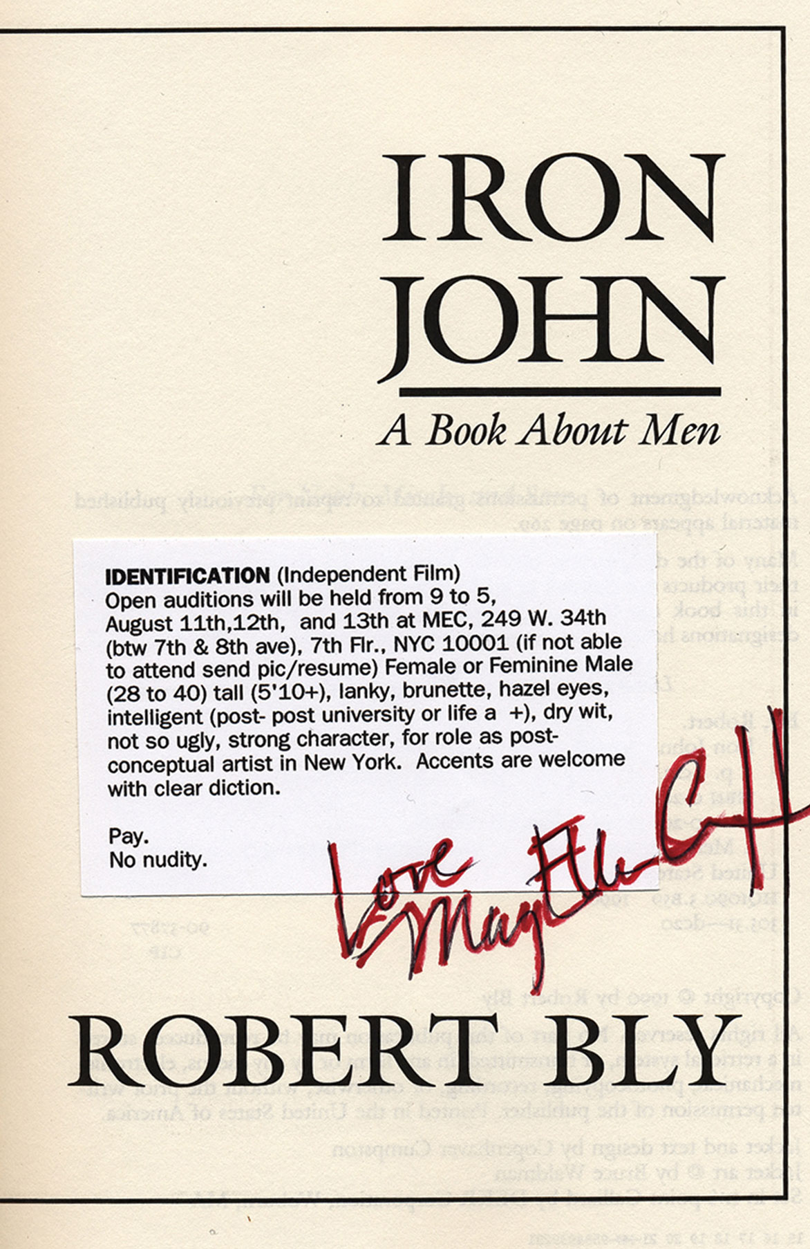 Title page of the book Iron John signed by Mary Ellen Carroll, with an open call for an independent film tucked inside.
