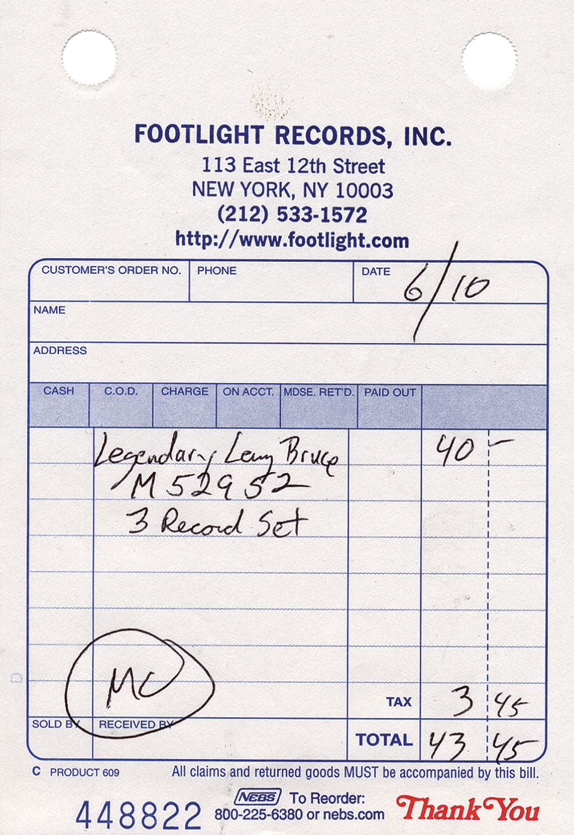 Footlight Records receipt, signed “Legendary Lenny Bruce.”