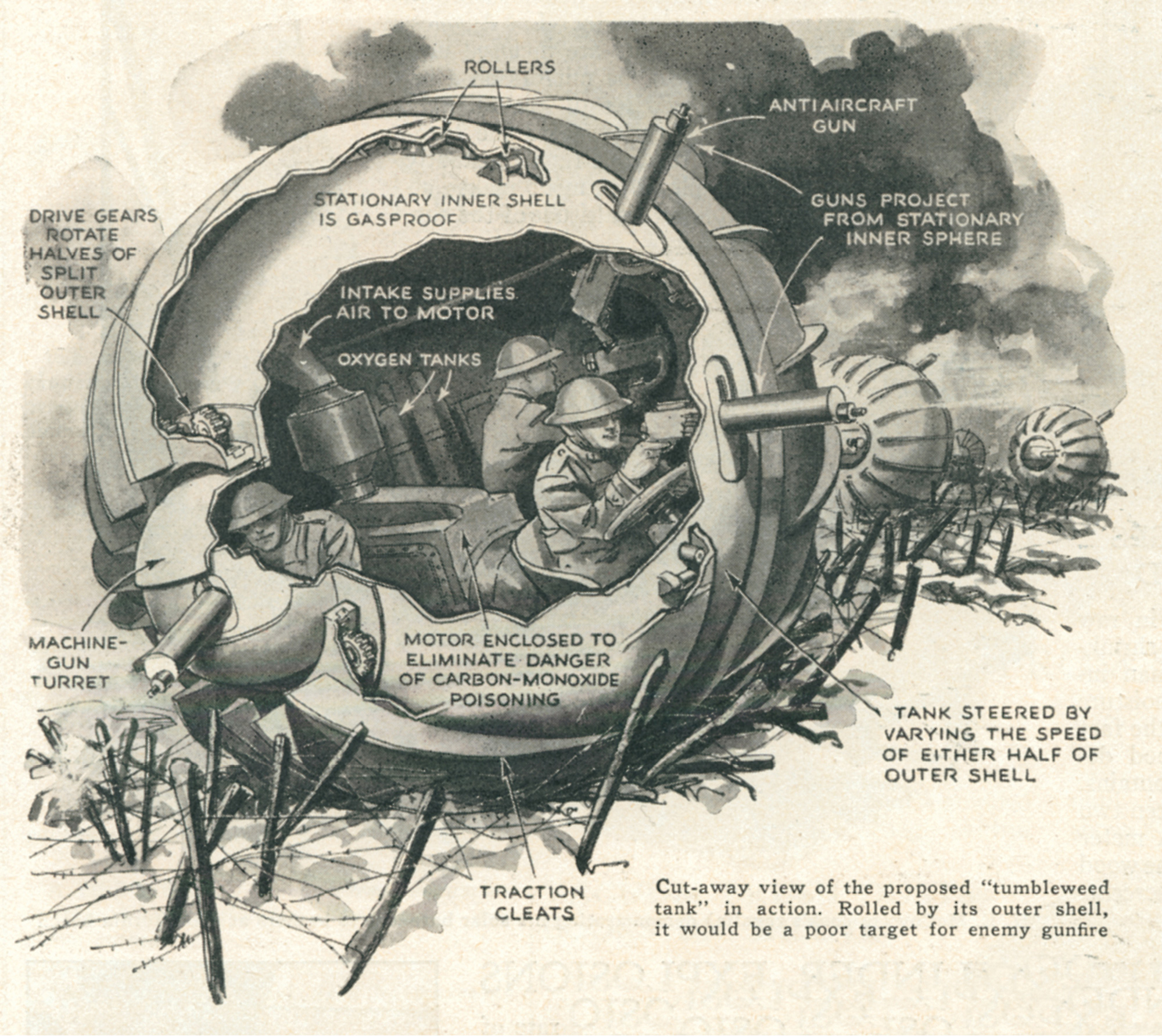 Illustration of the Tumbleweed Tank in battle from the July 1936 issue of Popular Science.