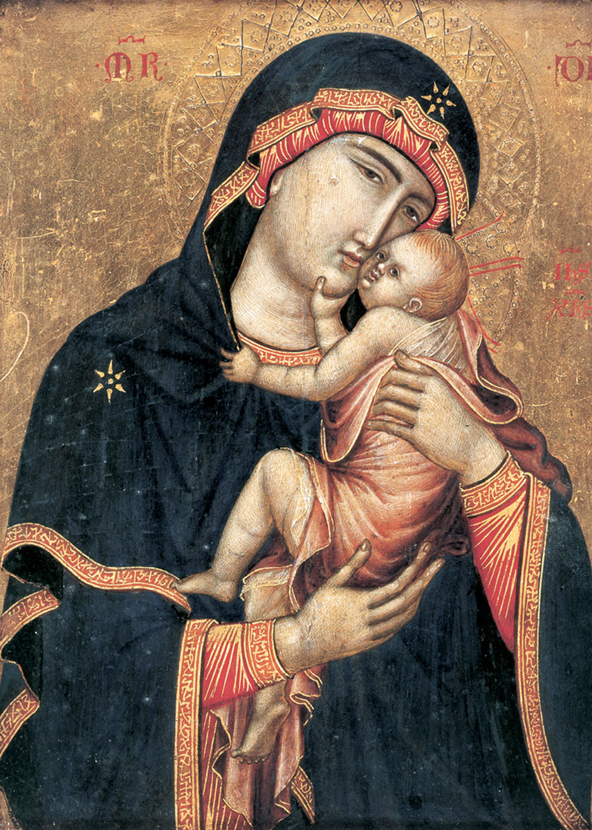 A photograph of the Cambrai Madonna in blue holding child in her arms, Italo-Byzantine, circa 1340.