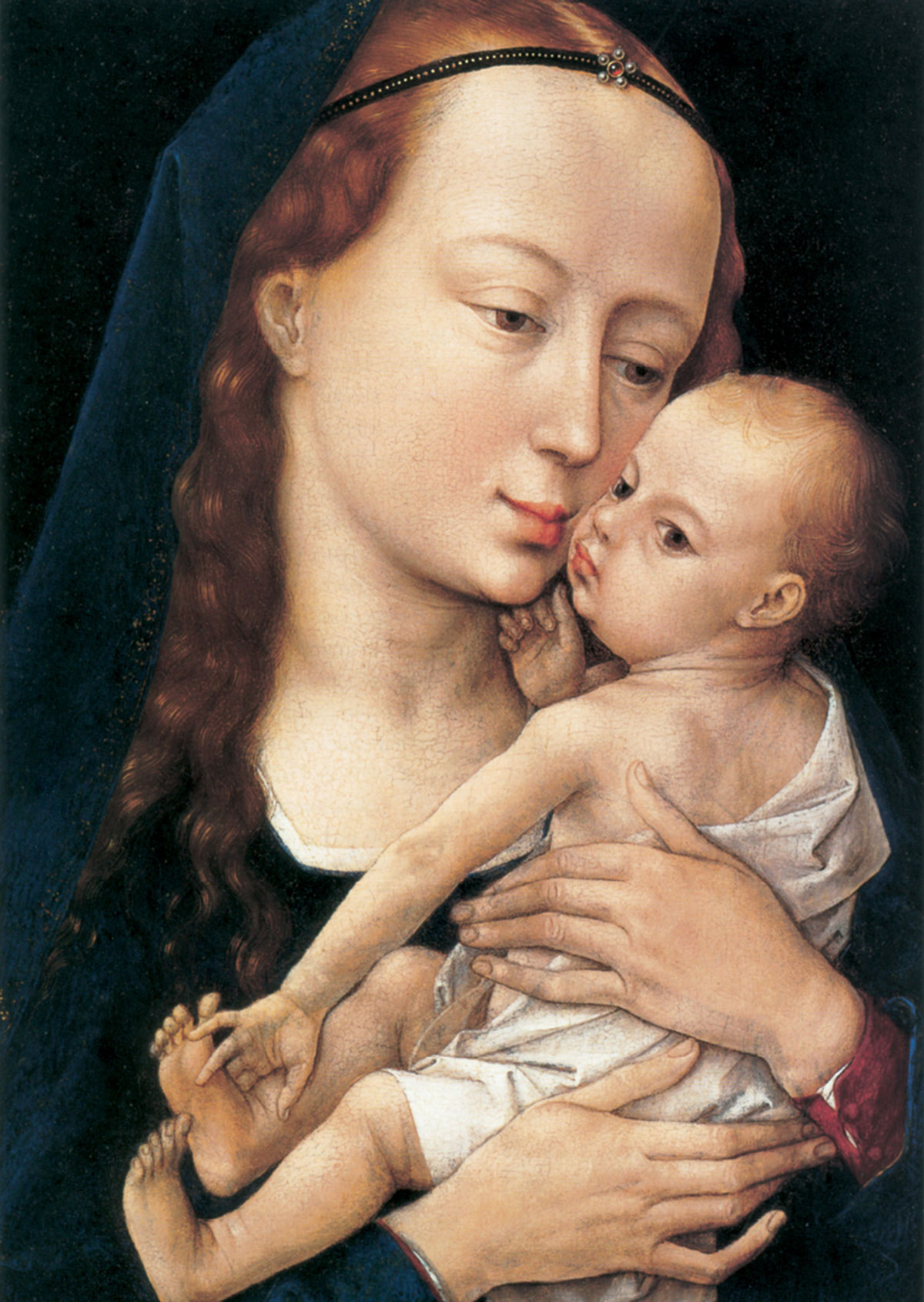 A photograph of a copy of the Cambrai Madonna by Rogier van der Weyden, depicting the virgin holding the child, circa 1455-1460.