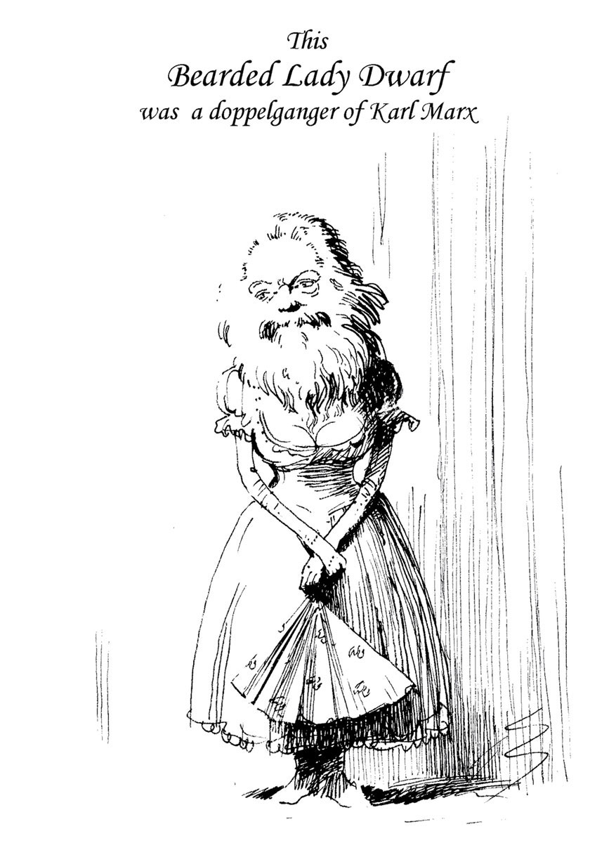 Untitled 2004 illustration by Pavel Pepperstein of a bearded lady dwarf doppelganger of Karl Marx.