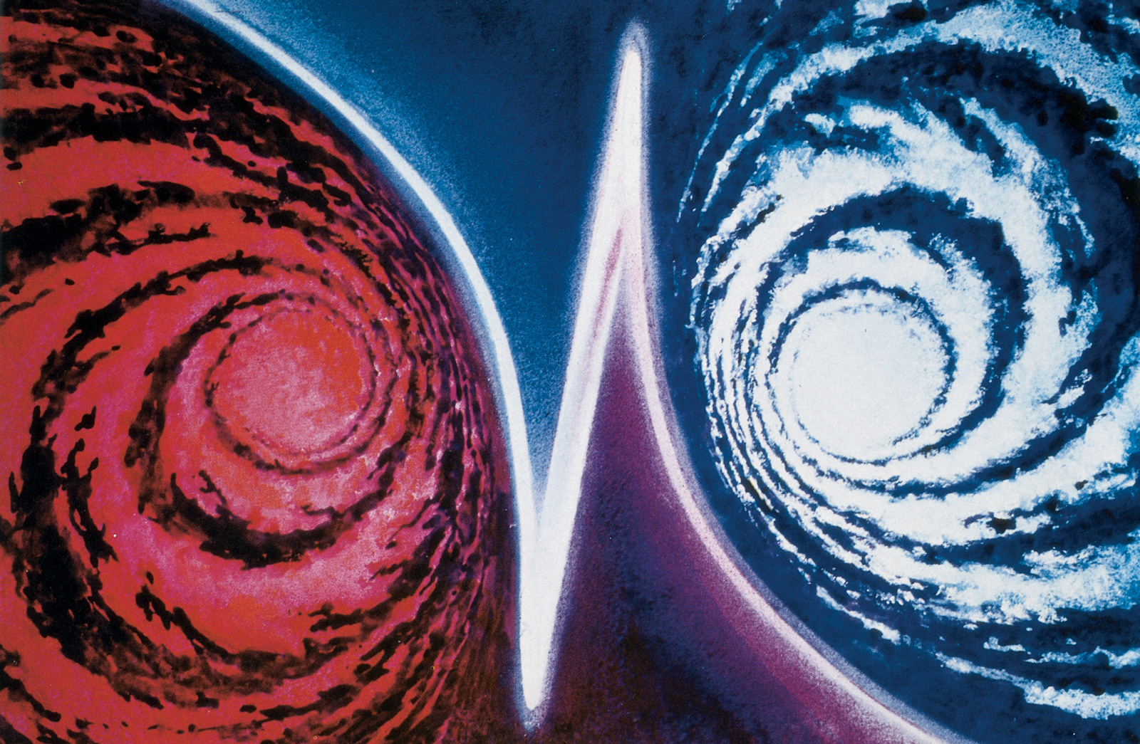 Front image of a postcard featuring a 1966 painting of two galaxies by Andrei Sokolov, entitled A Jump into the Antiworld.