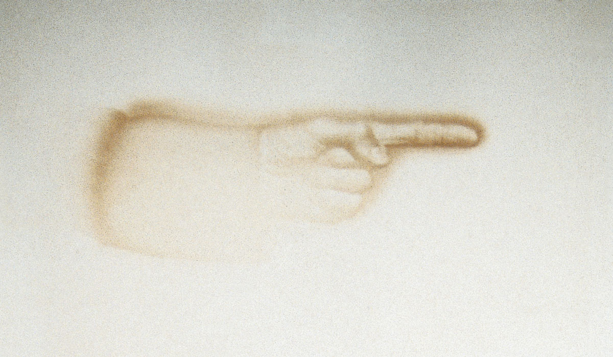 Photograph of a blurry hand pointing right.