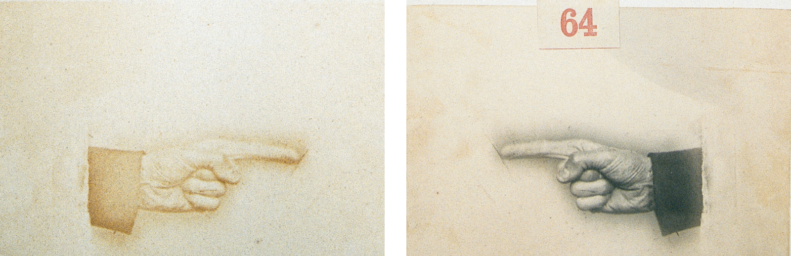 Two adjacent pages from “The Album of Unwritten Work.” On the right is a photograph depicting a disembodied hand performing a secret gesture, and on the facing page is the ghostly mirror image of the hand, which has been produced by a chemical reaction.