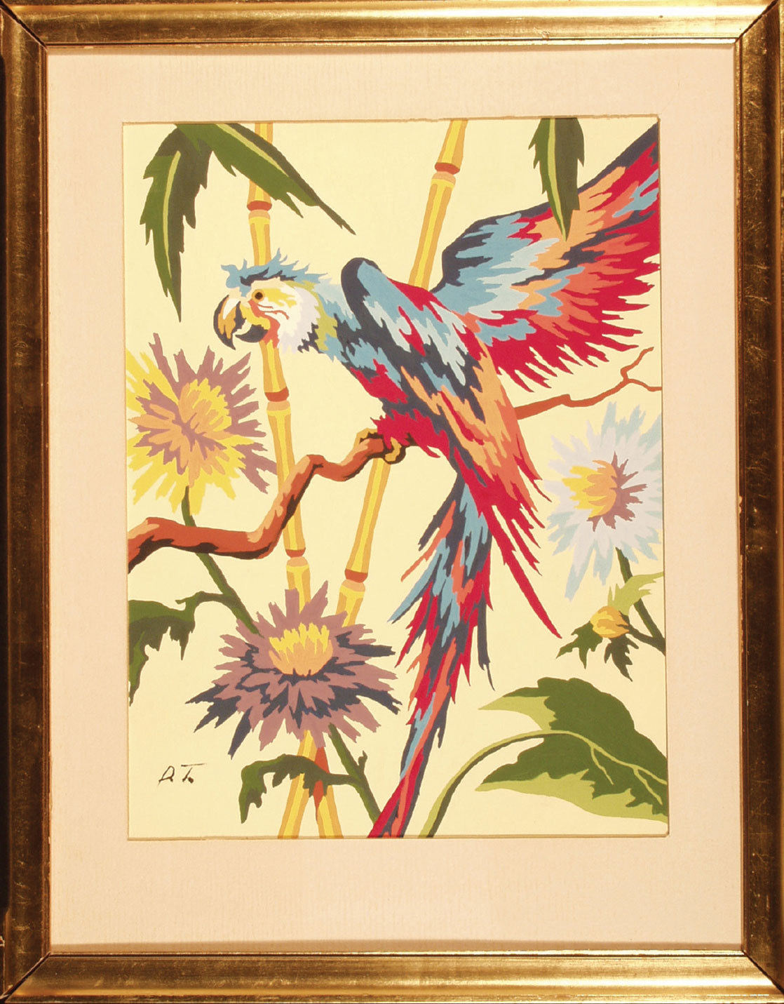 Paint by number of a parrot and flowers, completed circa 1954 by Dan Thornton, governor of Colorado.