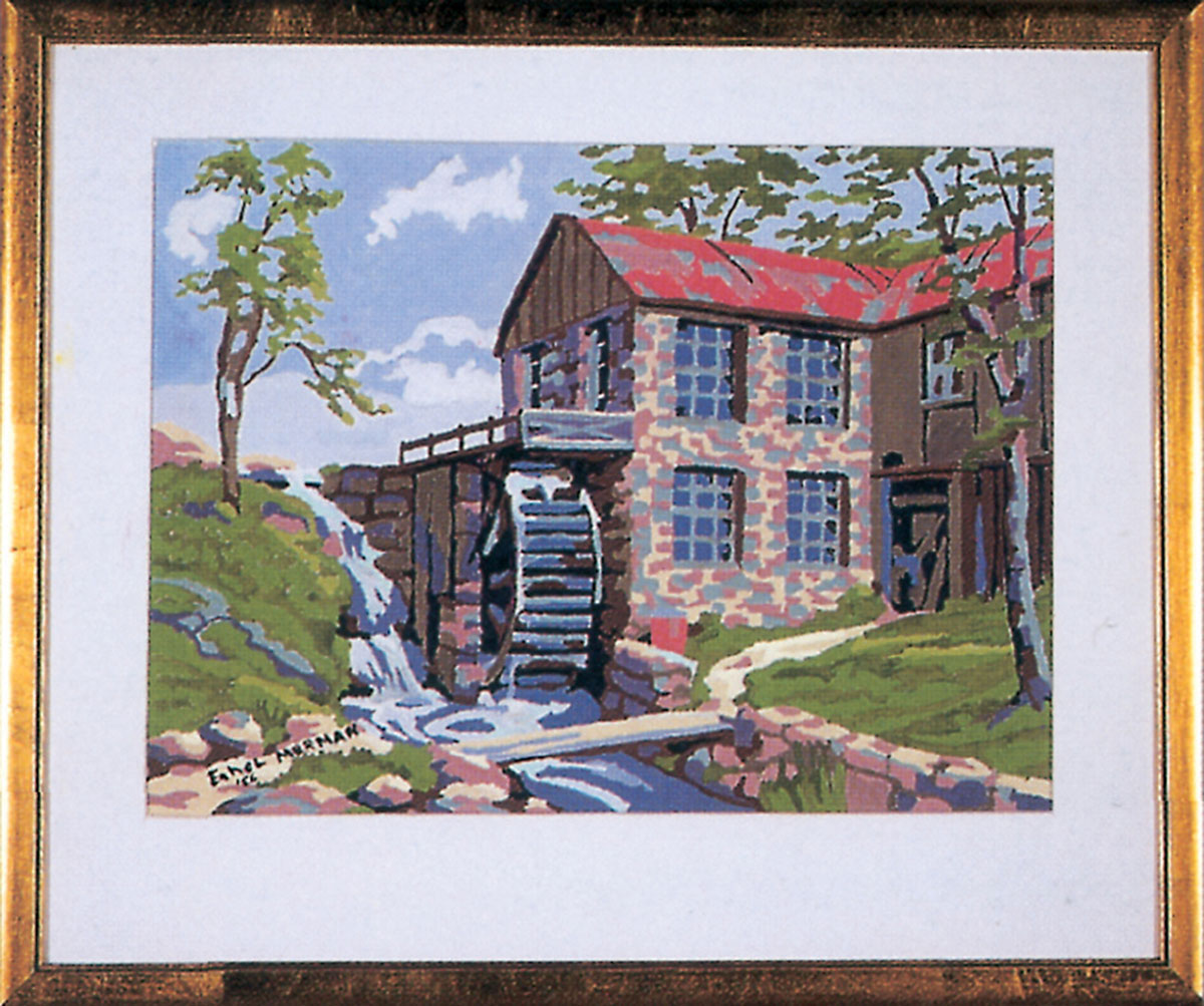 Circa 1954 painting by Ethel Merman of a house with a water mill.