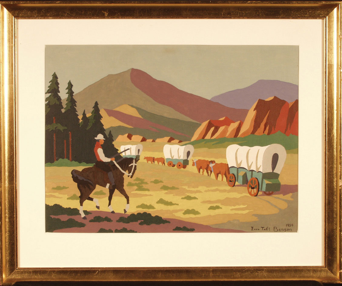 Painting of covered wagons traveling through mountains and forest by Ezra Taft Benson, Eisenhower’s Secretary of Agriculture.