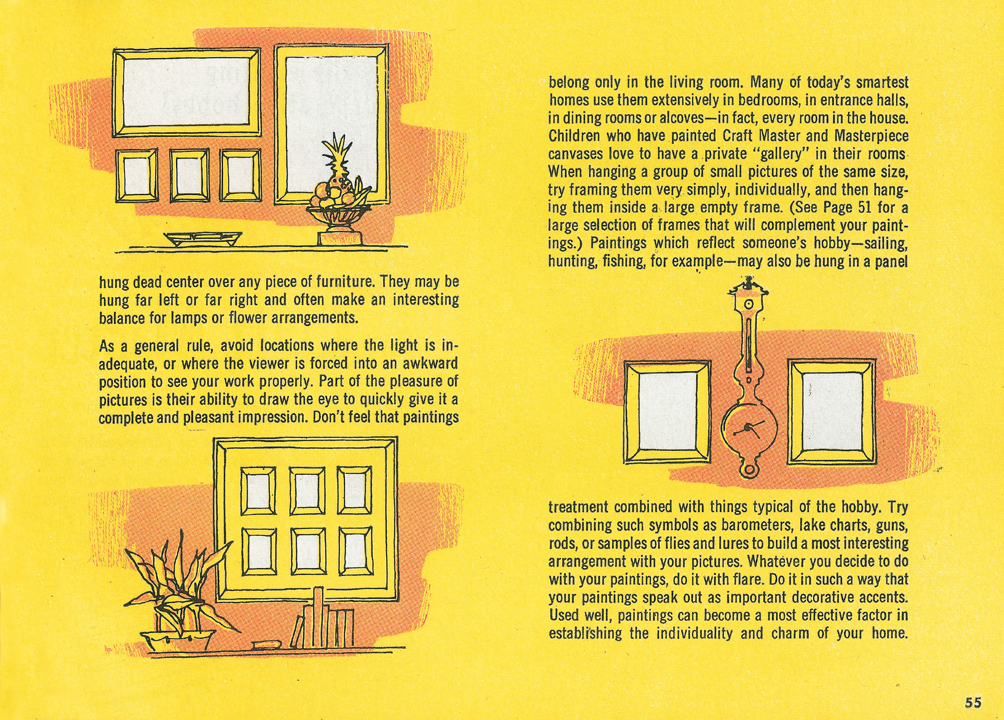 An image from the nineteen fifty four Craft Master paint by number catalogue, depicting advice for decorative ways to hang pictures.