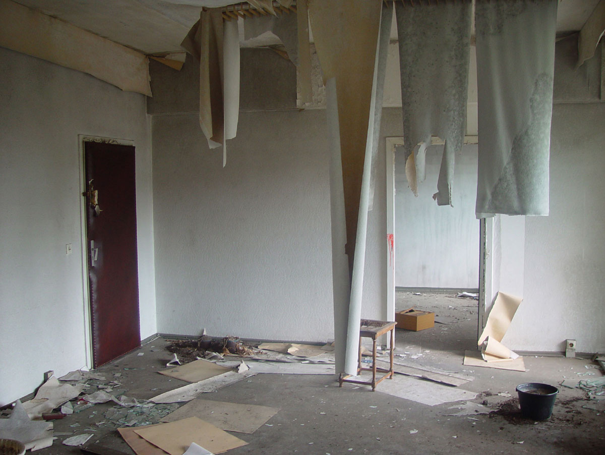 A photograph of large strips of wallpaper hanging from the ceiling, cardboard boxes on the floor.