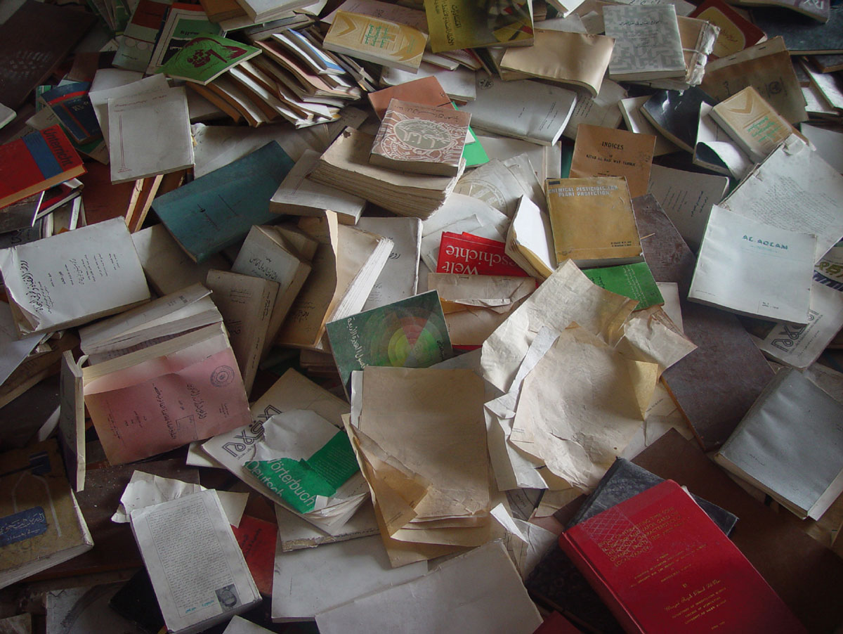 A photograph of books covering the floor.