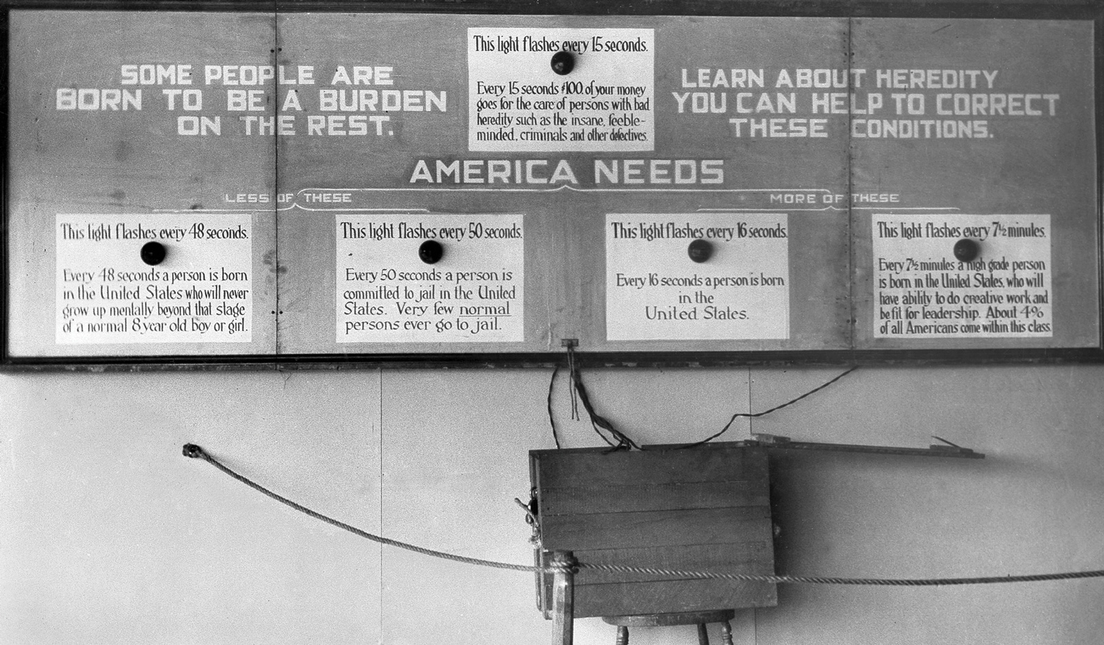 Front image of the postcard featuring a photograph of a flashing light exhibit from Fitter Families for Future Firesides, a eugenics awareness program popular at US state fairs throughout the 1920s.