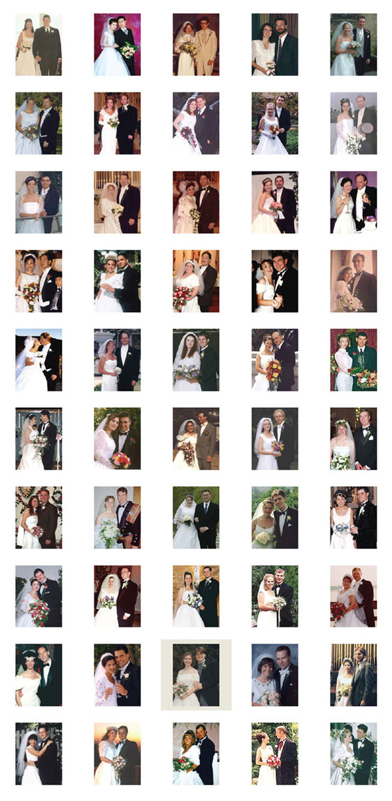 50 of the 100 photographs of newlyweds which served as sources for the composite image.