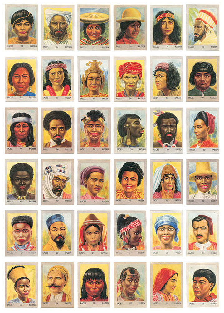 A photograph of 1947 “Les Races Humaines / Menschenrassen” cards, depicting what they claimed to be “every race on Earth.”