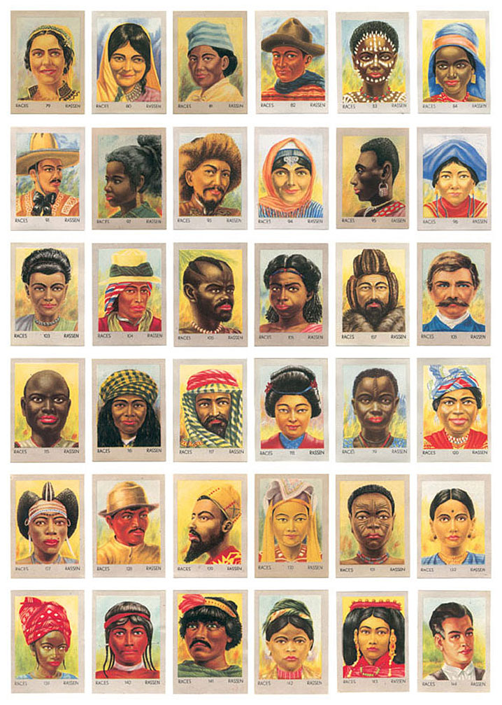 above and following: A complete set of novelty cards produced in 1947 by Belgian candymaker
Superchocolat Jacques. The set of 144 cards—which chocolate buyers
could collect and paste into a special keepsake album, “Les Races Humaines /
Menschenrassen”—purports to depict every “race” on Earth.