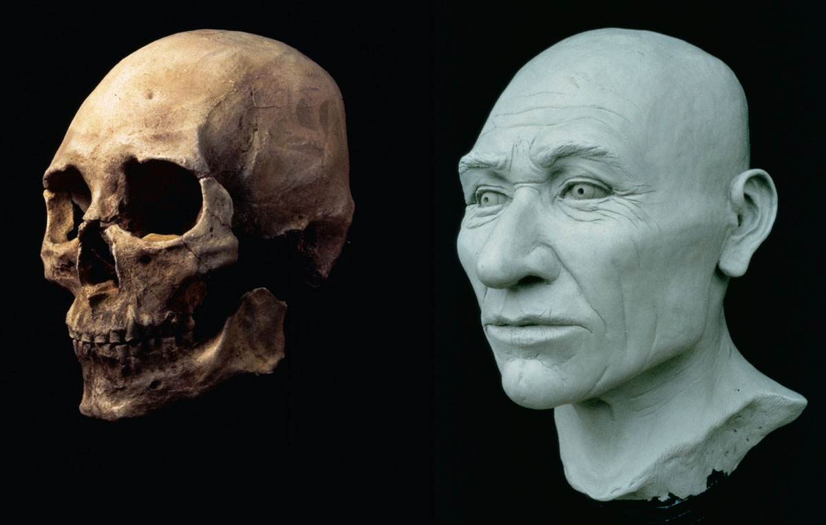 A photograph of side-by-side skull and head reconstruction of Kennewick Man.