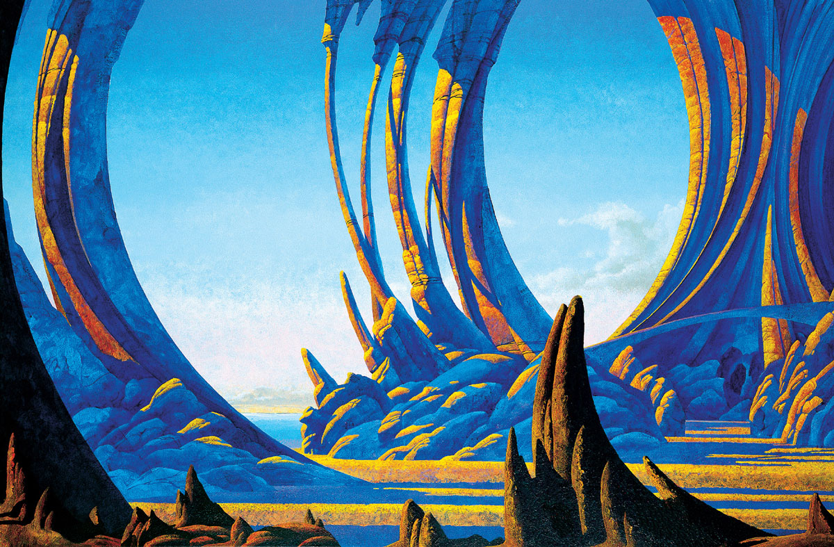 Artist Roger Dean's painting of fantastical rock formations titled 