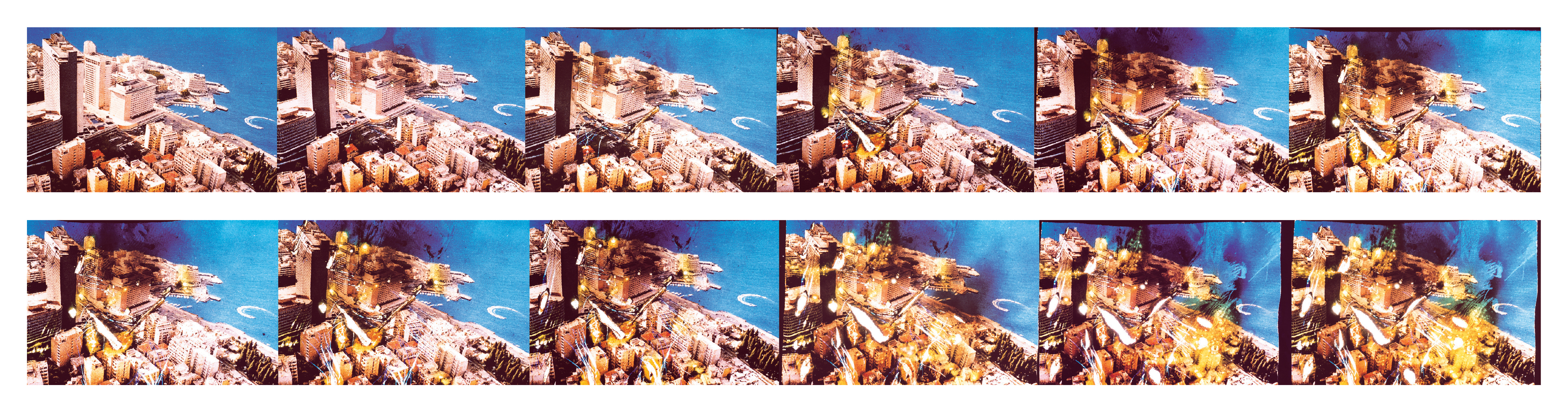 Twelve iterations of Farah’s postcard titled “The Great Hotels of the Lebanese Riviera: The Saint Georges” showing the step-by-step deterioration of the negative.