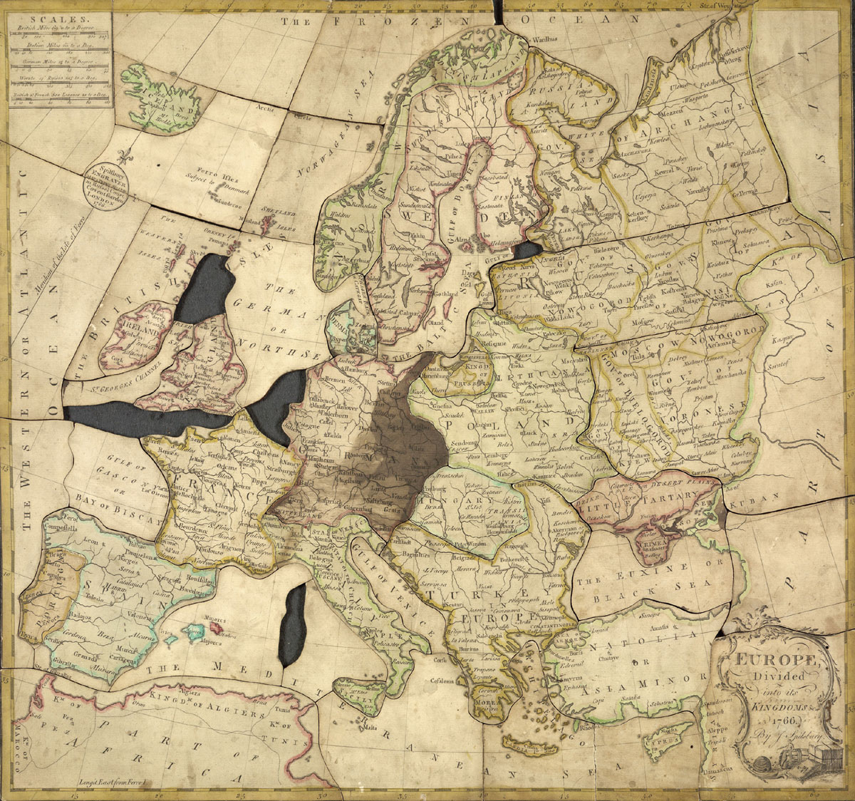 A dissected and mounted map from circa 1766 by John Spilsbury, considered the inventor of the world's first jigsaw puzzle, titled “Europe Divided into its Kingdoms.”