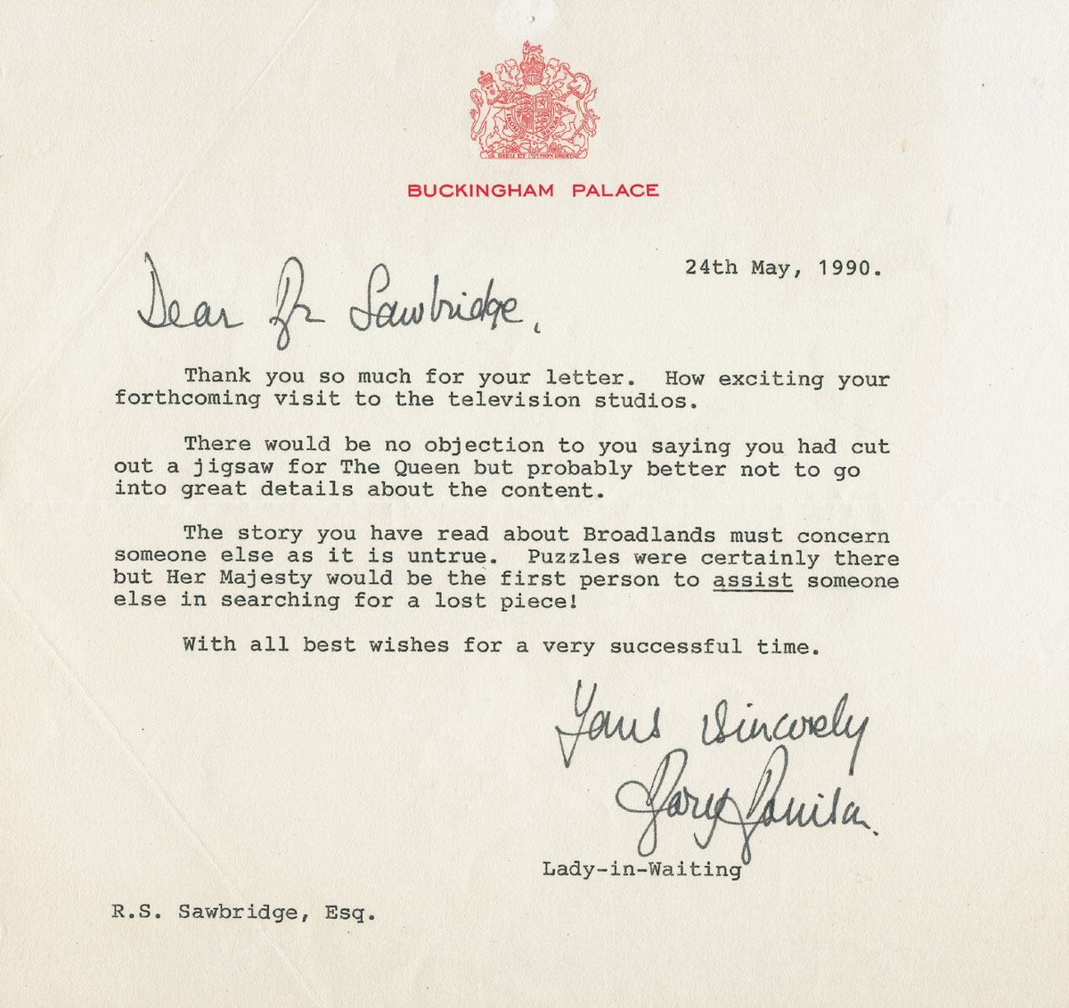 A letter from Queen Elizabeth's Lady-in-Waiting dated 24th of May 1990 to Dick Sawbridge. It reads, 