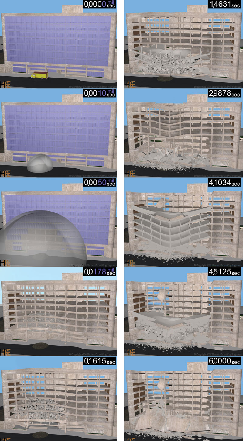 A frame-by-frame digital rendering of the impact of an explosion on the structure of a building.