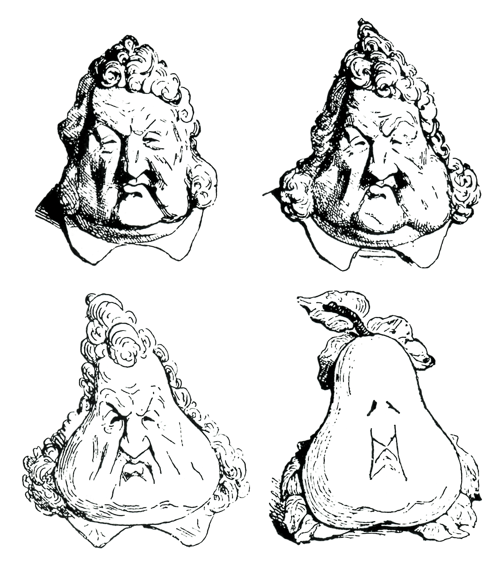 A series of caricatures from the 1830s depicting the gradual transformation of King Louis-Philippe’s face into a pear.