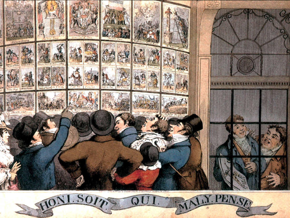 George Humphrey’s print shop in St. James Street, 12 August 1821. Caricature by Theodore Lane.